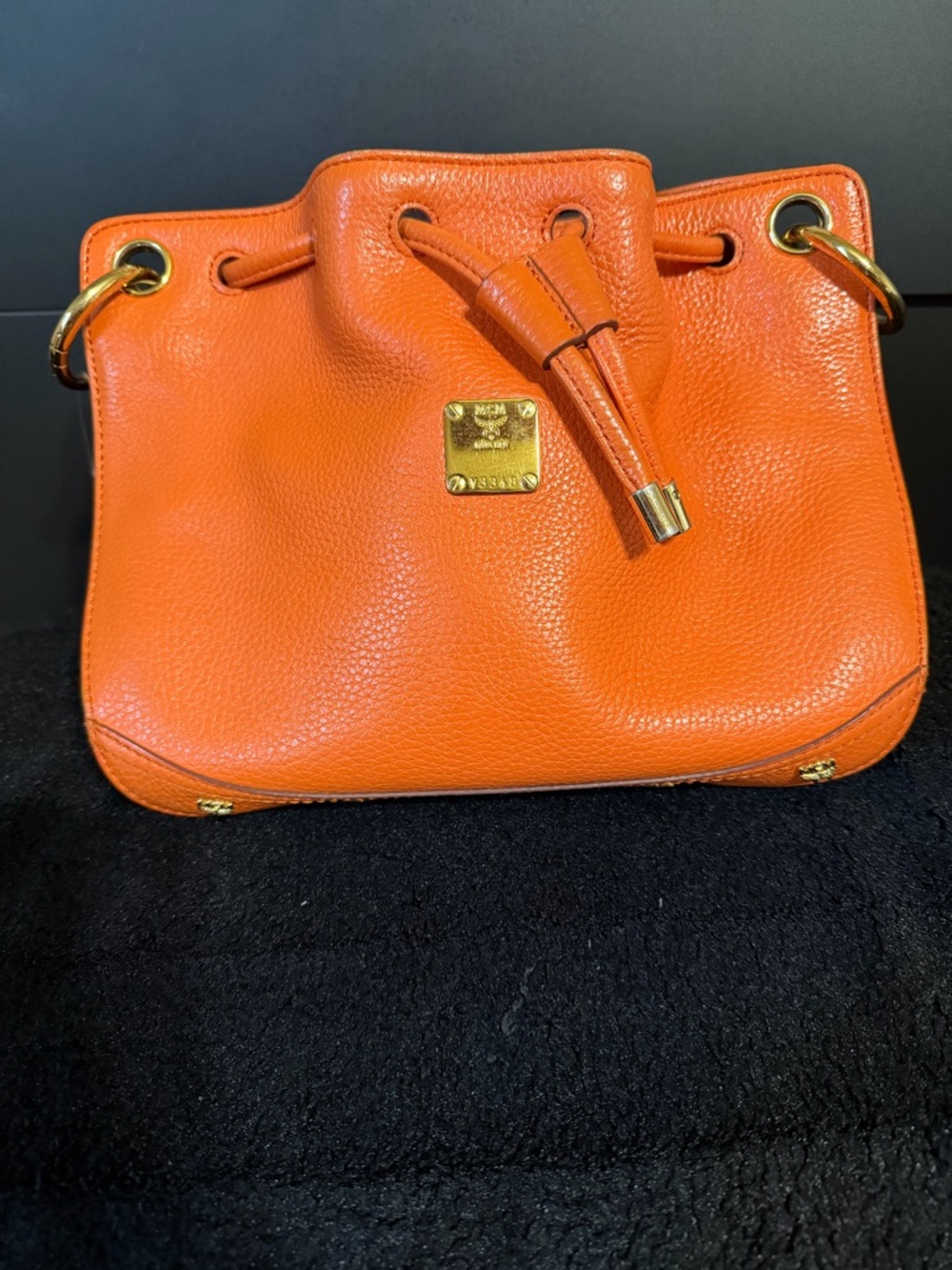 MCM Orange Pebbled Leather Drawstring Shoulder Bag with Gold Hardware
